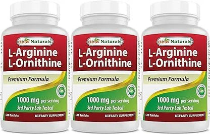Best Naturals L-Arginine L-Ornithine - 1000mg per Serving - 120 Tablets - Non-GMO & Gluten Free (120 Count (Pack of 3))