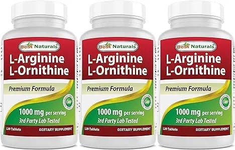 Best Naturals L-Arginine L-Ornithine - 1000mg per Serving - 120 Tablets - Non-GMO & Gluten Free (120 Count (Pack of 3))