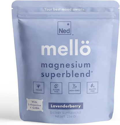 Mellö Magnesium Supplement Superblend Powder - Magnesium Glycinate with L-Theanine, GABA, and 70 Trace Minerals - Supports Sleep, Relaxation, Balanced Energy - Lavenderberry Flavor, 30 Servings