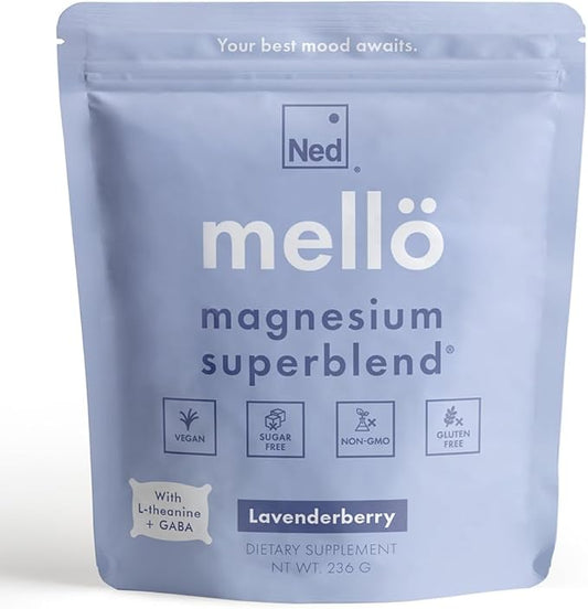 Mellö Magnesium Supplement Superblend Powder - Magnesium Glycinate with L-Theanine, GABA, and 70 Trace Minerals - Supports Sleep, Relaxation, Balanced Energy - Lavenderberry Flavor, 30 Servings