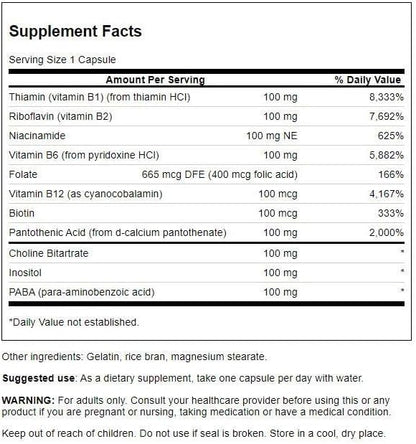 Swanson Vitamin B-100 - Vitamin Supplement Promoting Energy & Metabolism Support - High Potency Formula Supporting Heart Health, Brain Health & Nervous Function - (100 Capsules)