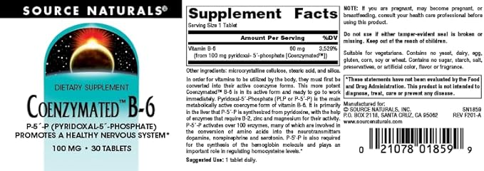 Source Naturals Coenzymated B-6, P-5´-P (PYRIDOXAL-5´-Phosphate) Promotes a Healthy Nervous System* 100 mg - 30 Tablets