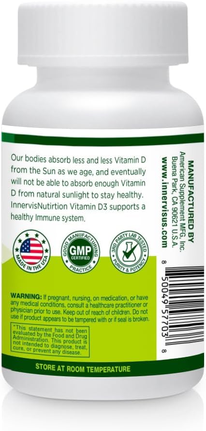 Vitamin D3 5000 IU (125 mcg) 120 Vegetable Capsules Support Healthy Bones Teeth Immune System Supplement