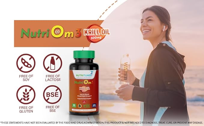 NutriOm3-500mg Antarctic Krill Oil Omega 3 Supplement for Cardiovascular Health - Easy Absorb Heart Supplement with Omega-3, EPA, DHA - Non-GMO, GMP-Certified, Allergen-Free - 60 Softgels