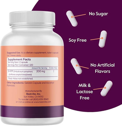 BESTVITE 5-HTP 200mg per Capsule (240 Capsules) (120 x 2) - No Stearates or Flow Agents - Gluten Free - Non GMO