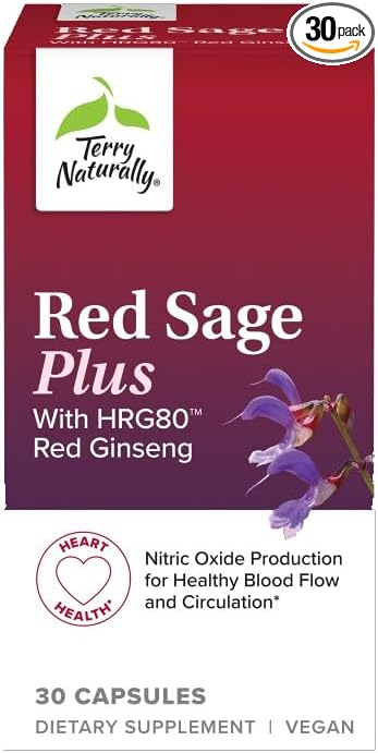 Terry Naturally Red Sage Plus with HRG80 Red Ginseng - Energy & Brain Health Support Supplement - 30 Capsules (30 Servings)