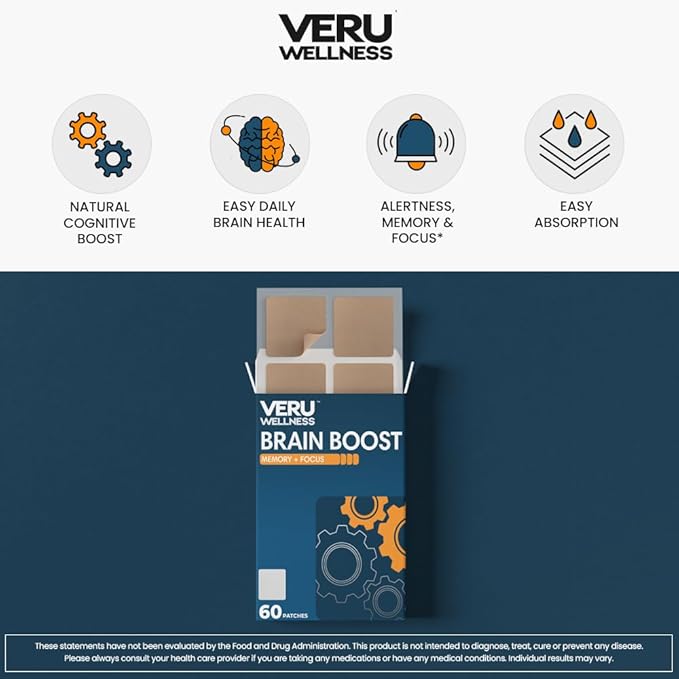 Veru Wellness Brain Boost Cognitive Patch - Daily Memory, Altertness and Focus Brain Support - Ginko Bilboa, Rhodiola Rosea, MCT (60 Day)