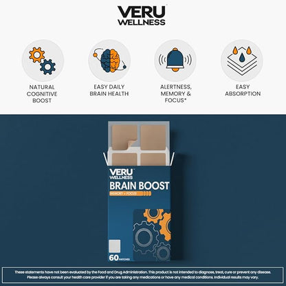 Veru Wellness Brain Boost Cognitive Patch - Daily Memory, Altertness and Focus Brain Support - Ginko Bilboa, Rhodiola Rosea, MCT (60 Day)