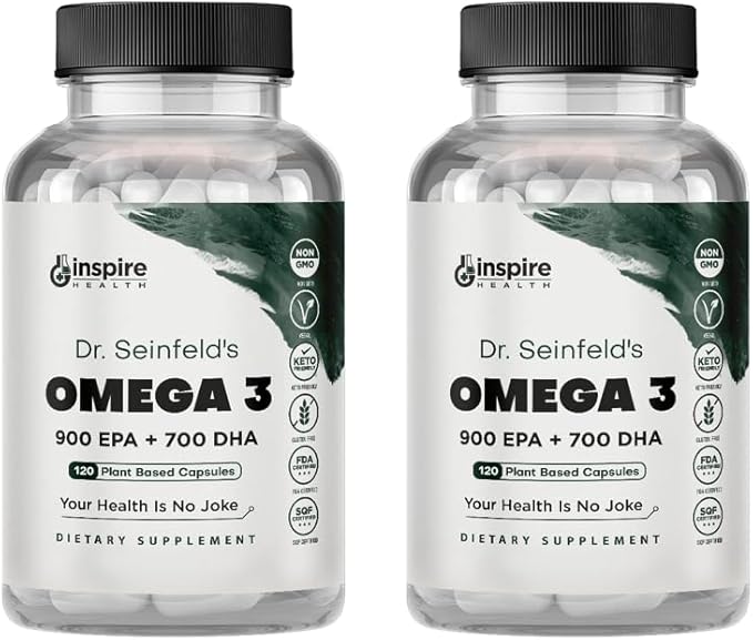 The Very Best Vegan Omega 3-120 Capsules 2 Pack - Vegan Algae Omega 3 Supplement Alternative - Plant Based Fish Oil Alternative- DHA & EPA Supplement - Made in USA - Heart Stress Relief Dr Seinfeld