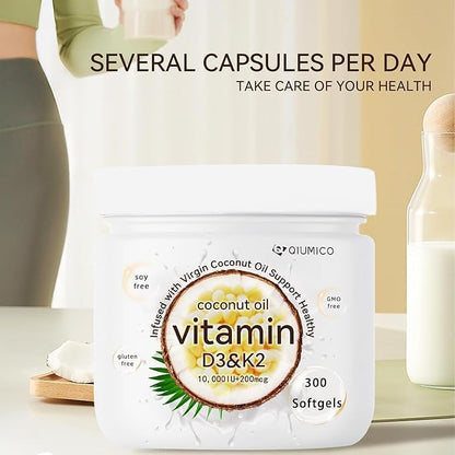 Vitamin D3 10000 IU with 200 mcg MK7 Vitamin K2, Immune & Joint Health Gluten Free, GMO-Free, Dairy Free, 300 Gels (1)