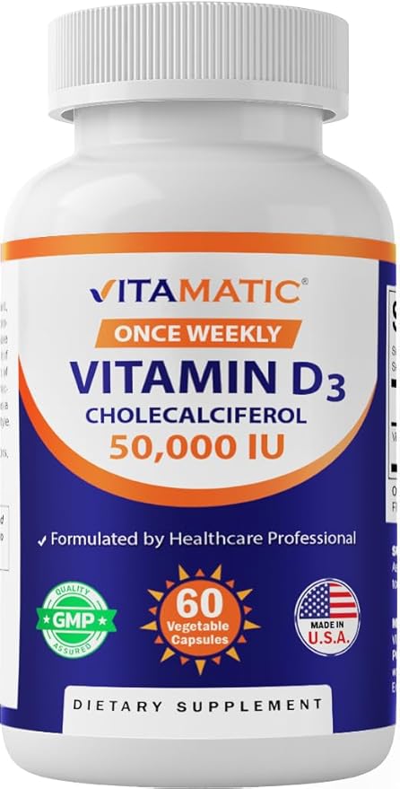 Vitamatic Vitamin D3 50,000 IU (as Cholecalciferol), Once Weekly Dose, 1250 mcg, 60 Veggie Capsules 1 Year Supply, Progressive Formula Helping Vitamin D Deficiencies (60 Count (Pack of 1))