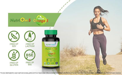 Vegan Omega 3 – Plant-Based DHA & EPA for Brain, Eye & Heart Health – 120 Softgels - NutriOm3 - made with Sustainably Sourced Premium Algal life’s OMEGA with SeaGel technology - Non-GMO, Allergen Free