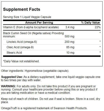 Swanson Black Cumin Seed Oil 500 Milligrams 60 Liq Vegcap