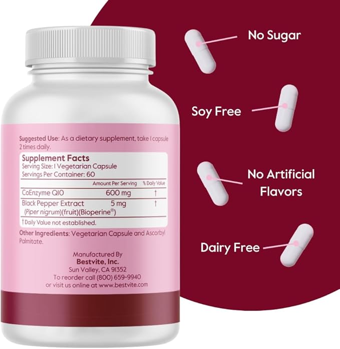 BESTVITE Coenzyme CoQ10 600mg per Capsule with Bioperine (120 Vegetarian Capsules) (2-Pack) Naturally Fermented - No Stearates - No Fillers - Vegan - Non GMO - Gluten Free