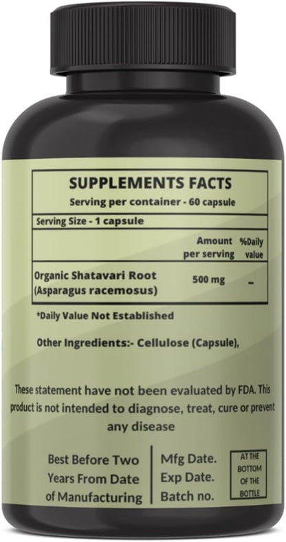 Organic Shatavari Root 500mg (Asparagus racemosus) Menstrual Cramp Relief, Menopause Support, and Women's Health | 120 Capsules | Hormonal Balance Support