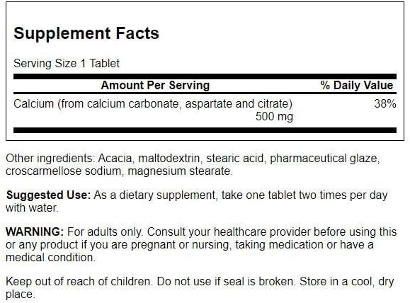 Swanson Calcium (Carbonate Aspartate & Citrate) 500 Milligrams 100 Tabs