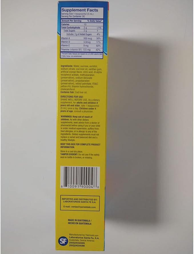 Ballena Azul Aceite de Hígado de Bacalao para Adultos y Niños, COD Liver Oil for Adults and Children, Good Source of Vitamins A,D,E, B1, Dietary Supplement, Omega 3, Inmune System Boost (ORANGE 15 OZ)