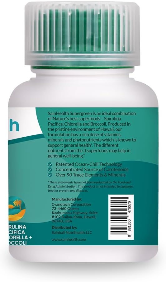 SuperGreen Spirulina Complex - Superfoods (Spirulina grown in Hawaii, Chlorella & Brocolli), Supports Metabolism & Energy Boost and the body's natural detoxification process 500mg, 180 tabs