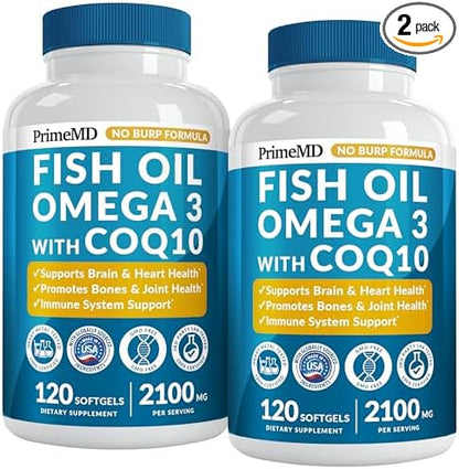 5-in-1 Fish Oil Omega 3 Supplements (2100mg) - Omega 3 Fish Oil with Vitamins D3 & K2 and CoQ10 - EPA DHA Omega 3 Supplement - Lemon Flavored Omega 3 Fatty Acid Supplements, Pack of 2