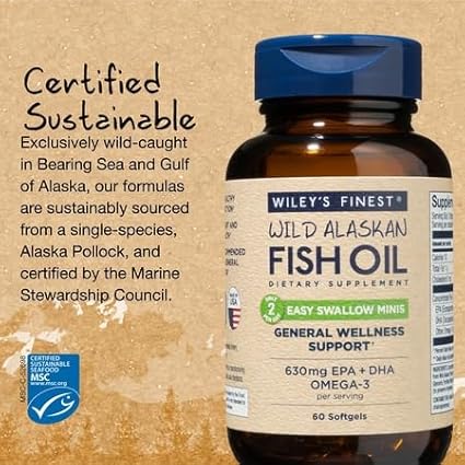 Wiley's Finest Wild Alaskan Fish Oil Easy Swallow Minis - Omega-3 Fish Oil Supplement for Adults and Kids - Double-Strength 630mg EPA and DHA Natural Supplement - 60 Mini Softgels (30 Servings)