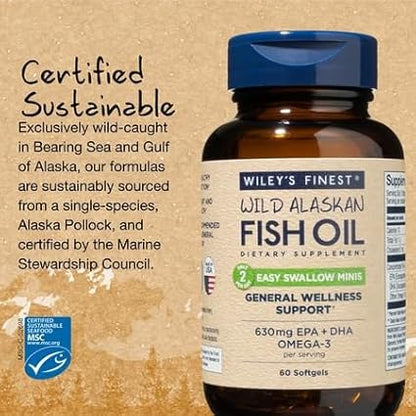 Wiley's Finest Wild Alaskan Fish Oil Easy Swallow Minis - Omega-3 Fish Oil Supplement for Adults and Kids - Double-Strength 630mg EPA and DHA Natural Supplement - 60 Mini Softgels (30 Servings)