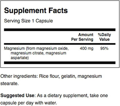 Swanson Triple Magnesium Complex - Mineral Supplement - Natural Support - Featuring Citrate, Oxide & Aspartate - (100 Capsules, 400mg Each)