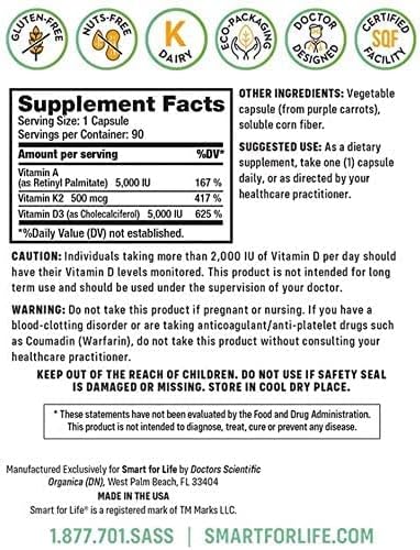 Smart for Life ADK Vitamins Supplement - High Potency Vitamin ADK - Vitamin D3, Vitamin K2 & Vitamin A - Supports Bone and Heart Health - 5,000 IU Vitamin A - 5,000 IU Vitamin D3-500mcg Vitamin K2