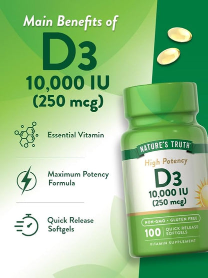 Nature's Truth Vitamin D3 10000 IU Softgels | 100 Count | High Potency Formula | Non-GMO and Gluten Free Supplement