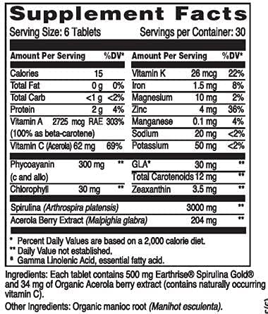 Earthrise Spirulina Gold Plus 500mg Tablet 180 counts, Natural Premium Spirulina from California- Vegan, Gluten Free, Keto Friendly, Non -GMO Super Food high in vitamins & minerals.