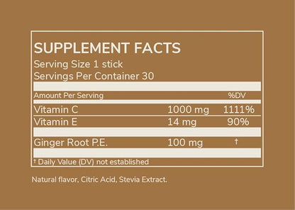 Rookie Wellness Well – Vegan Immune Support Packets with 1000 mg of Vitamin C, 14 mg of Vitamin E, and Ginger in a Natural Citrus Flavor - Sugar and Filler Free (30 Servings, Wild Orange)