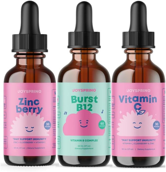 JoySpring Back to School Bundle - Sugar-Free Liquid Vitamin C & Zinc, B Complex & Vitamin C Drops | Kids Vitamins Naturally Sourced, Non-GMO, Non-Alcoholic Formula, Immunity Health Support | Vegan