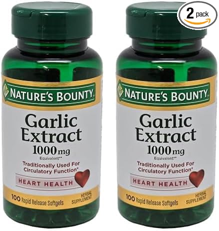 Nature's Bounty Garlic Extract 1000 mg, Promotes Heart Health and Cholesterol Support100 Rapid Release Softgels, Contains Soybean Oil, Gelatin, Vegetable Glycerin. (Pack of 2)