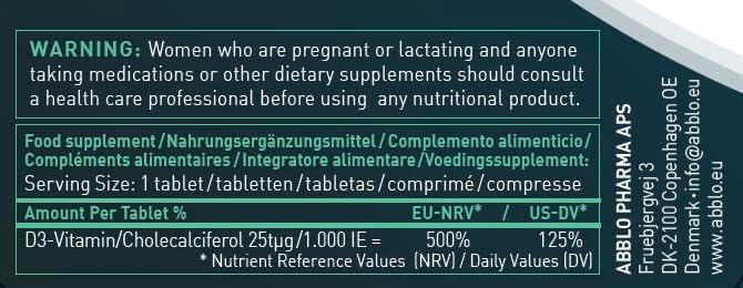 ABBLO Vegan D3-Vitamin 1000iu (25 mcg) 100 Days of Supply for Immune Support