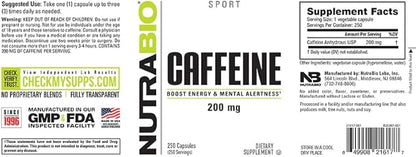 NutraBio 100% Pure Caffeine Capsules (250 Capsules)