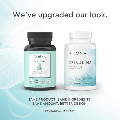 Alaya Naturals - Pure Spirulina Capsules - Made with Earthrise Spirulina, Blue Green Algae Superfood - Non-GMO & Vegan - 500 mg, 90 Capsules