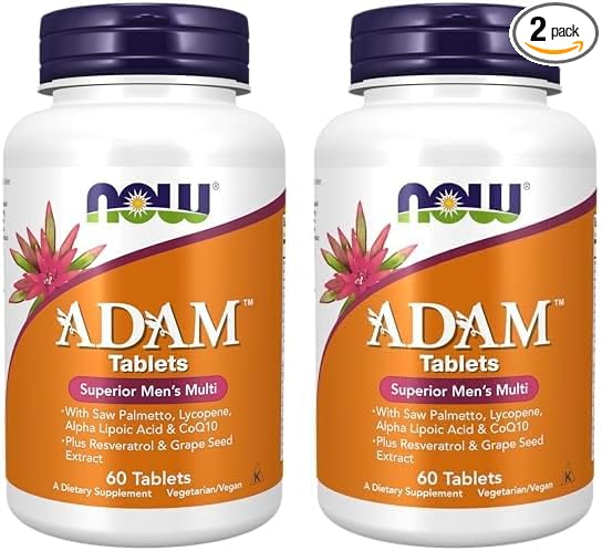 NOW Supplements, ADAM™ Men's Multivitamin with Saw Palmetto, Lycopene, Alpha Lipoic Acid and CoQ10, Plus Natural Resveratrol & Grape Seed Extract, 60 Tablets (Pack of 2)
