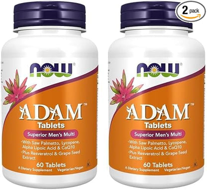 NOW Supplements, ADAM™ Men's Multivitamin with Saw Palmetto, Lycopene, Alpha Lipoic Acid and CoQ10, Plus Natural Resveratrol & Grape Seed Extract, 60 Tablets (Pack of 2)