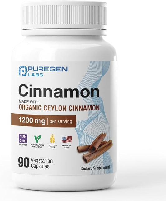Puregen Labs Organic Cinnamon (Ceylon Cinnamon) 1,200mg Serving 90 Veggie Caps - No Harmful Additives | Non-GMO | Gluten-Free – Made in USA