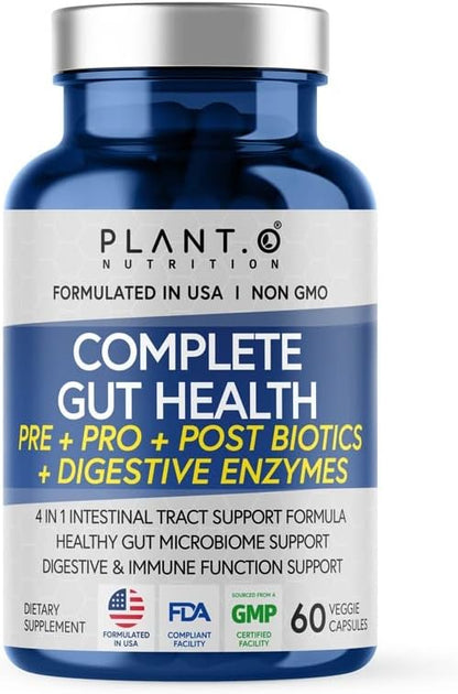 4-in-1 Prebiotic Probiotic & Postbiotic for Women & Men, Complete Gut & Digestive Support Supplement, Pre Post Probiotics & Digestive Enzymes 60 Capsules