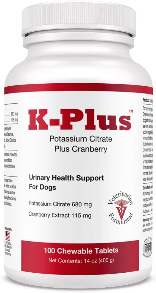 K-Plus Potassium Citrate Plus Cranberry Supplement for Dogs - UTI Remedy Chewable Tablets - Supports Bladder Health - For Every Dog Breed (100 Tabs)