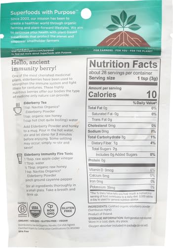 Navitas Organics Elderberry Powder, 3oz Bag, 28 Servings — Organic, Non-GMO, 100% Whole Elderberry Powder for Immune Support