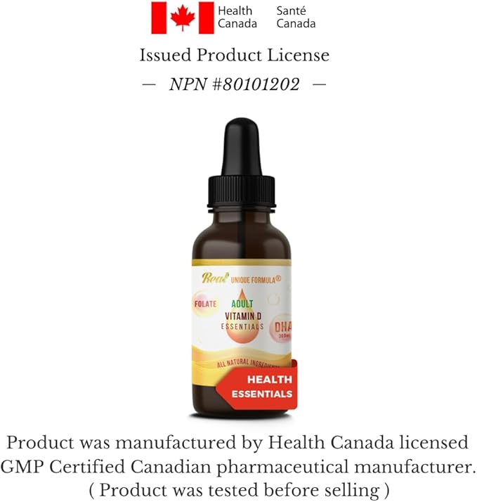Unique Formula® Adults Health Essentials Drops - Liquid Natural Vitamin D3 Supplement, DHA Omega 3, Folate, Supports Heart, Brain, Eyes & Joint Health Supplement for The Whole Family
