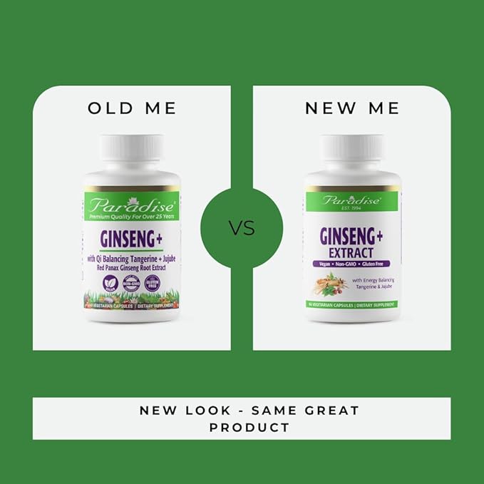 Paradise Herbs Ginseng Root Extract for Energy & Well-Being, Vegan, Non GMO, Gluten Free, Vitamin B1, B2 & B12, 60 Capsules