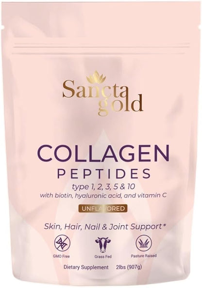 Multi Collagen Peptides Powder, 2 lbs, for Skin, Hair & Nails, Type I, II, III, V, X Hydrolyzed Collagen Peptides with Hyaluronic Acid & Vitamin C, Unflavored Protein Supplement for Women