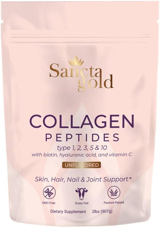 Multi Collagen Peptides Powder, 2 lbs, for Skin, Hair & Nails, Type I, II, III, V, X Hydrolyzed Collagen Peptides with Hyaluronic Acid & Vitamin C, Unflavored Protein Supplement for Women