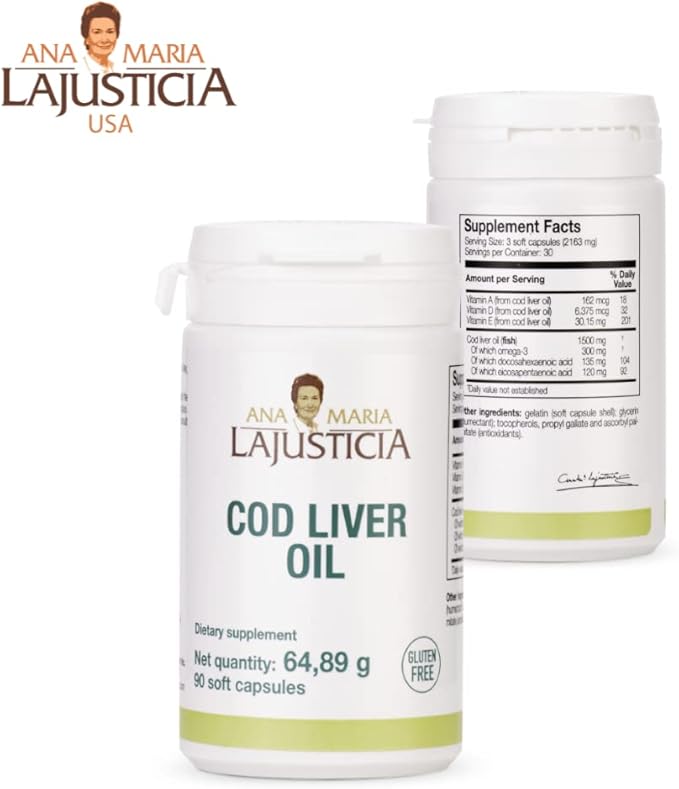 Ana Maria Lajusticia- COD Liver Oil - Rich in Omega-3 + Vitamins A, D & E. 30-Day Treatment Pack. Cardiovascular Health. Gluten Free.