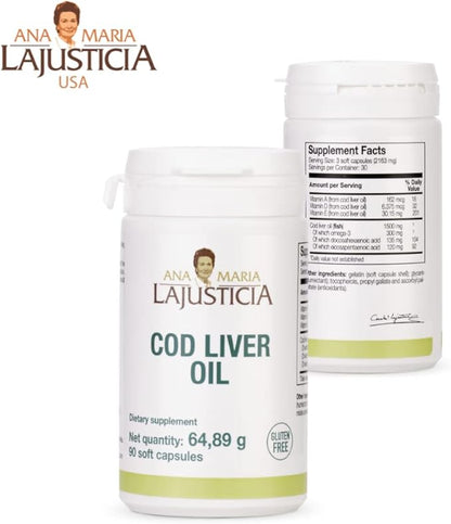 Ana Maria Lajusticia- COD Liver Oil - Rich in Omega-3 + Vitamins A, D & E. 30-Day Treatment Pack. Cardiovascular Health. Gluten Free.
