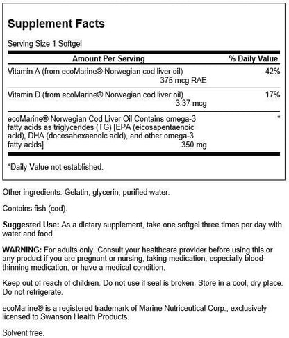 Swanson Cod Liver Oil - Wellness Supplement Promoting Bone, Skin Health, Vision Support & Immune System Function w/High Absorption Vitamin A - (180 Softgels, 350mg Each)