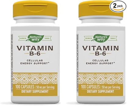 Nature's Way Vitamin B-6 Supplement, Cellular Energy Support*, 50mg per Serving, 100 Capsules (Pack of 2)