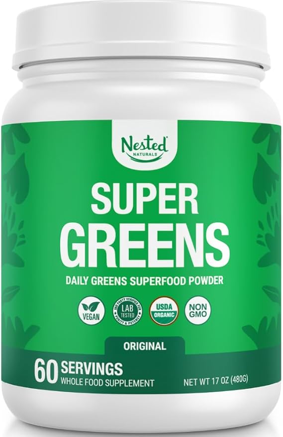 Super Greens Daily Greens Superfood Powder - Certified USDA Organic Green Powder w/20+ Whole Foods, Spirulina Powder, Wheat & Barley Grass - Probiotics, Fiber & Enzymes - Original Flavor, 60 Servings